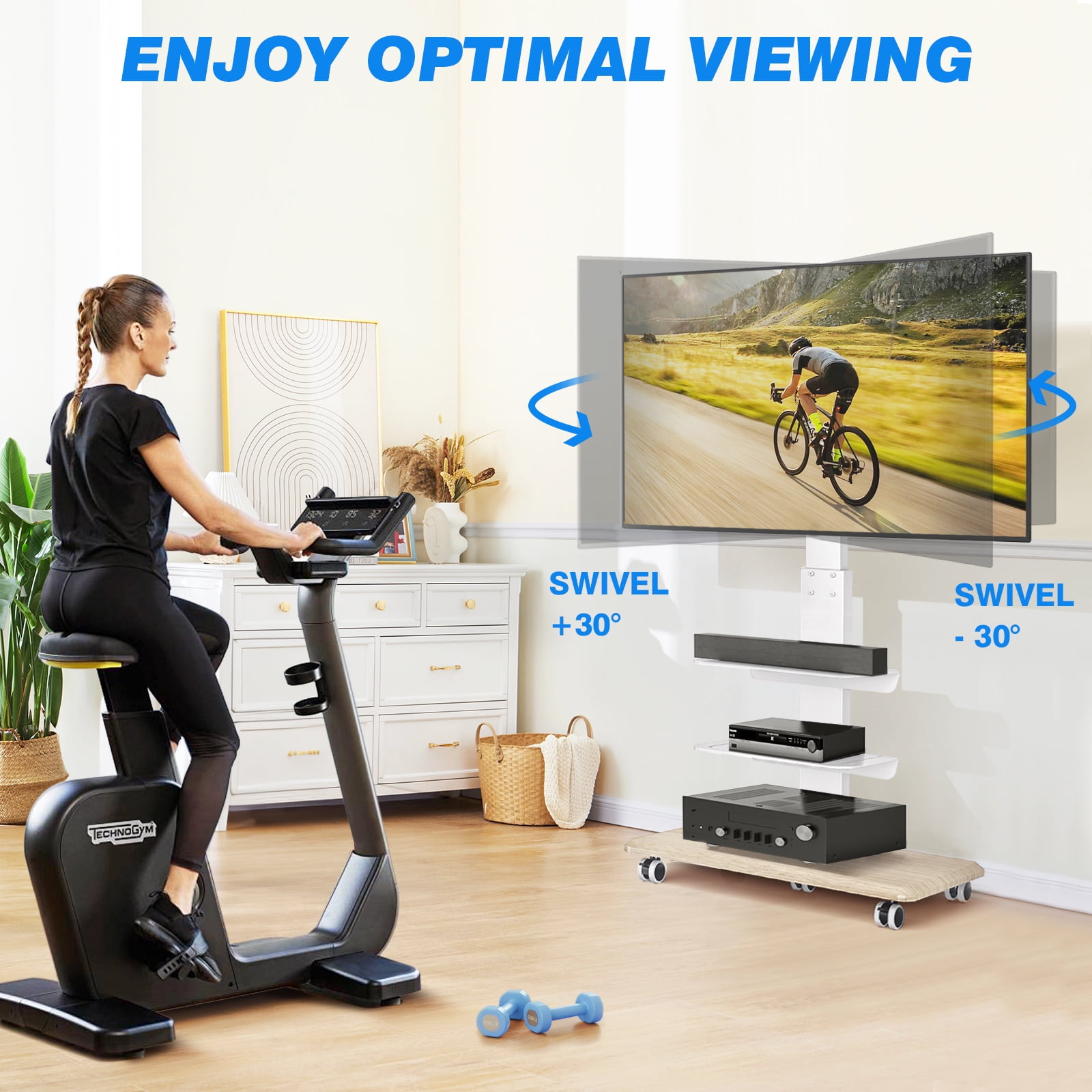 TAVR Furniture Modern Swivel Rolling TV Stand Height Adjustable for 40-75 inch TVs, Portable Floor TV Stand for Bedroom, Living Room, Office, White