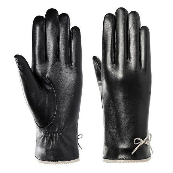 Women's Leather Warm Gloves Autumn And Winter Plus Velvet Warm Warm Women's Fashion Bow Touch Screen Gloves L