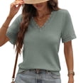 thumbnail image 2 of hlysgo Women's V Neck Tops Short Sleeve Waffle Knit Lace Shirts Summer Casual Loose Basic Tunic Tee Green,M, 2 of 6