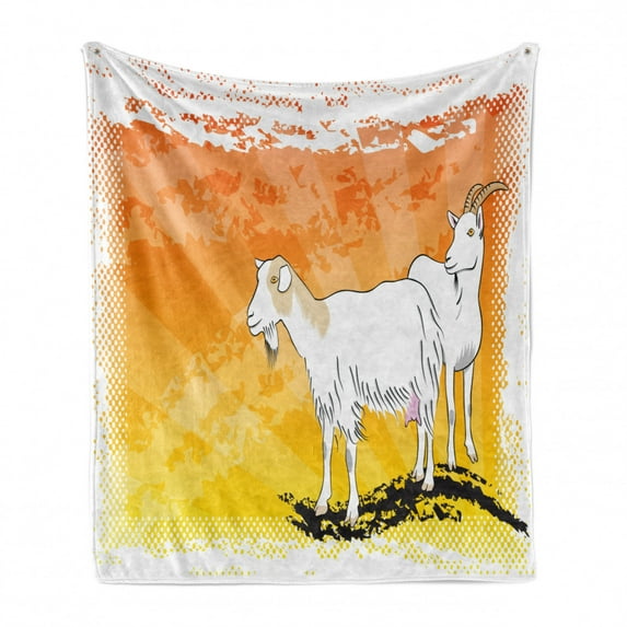 Goat Soft Flannel Fleece Throw Blanket, Horned Animal Ranch Theme 2 Mammals Standing on Vibrant Grungy Background, Cozy Plush for Indoor and Outdoor Use, 50" x 70", Orange Yellow White, by Ambesonne