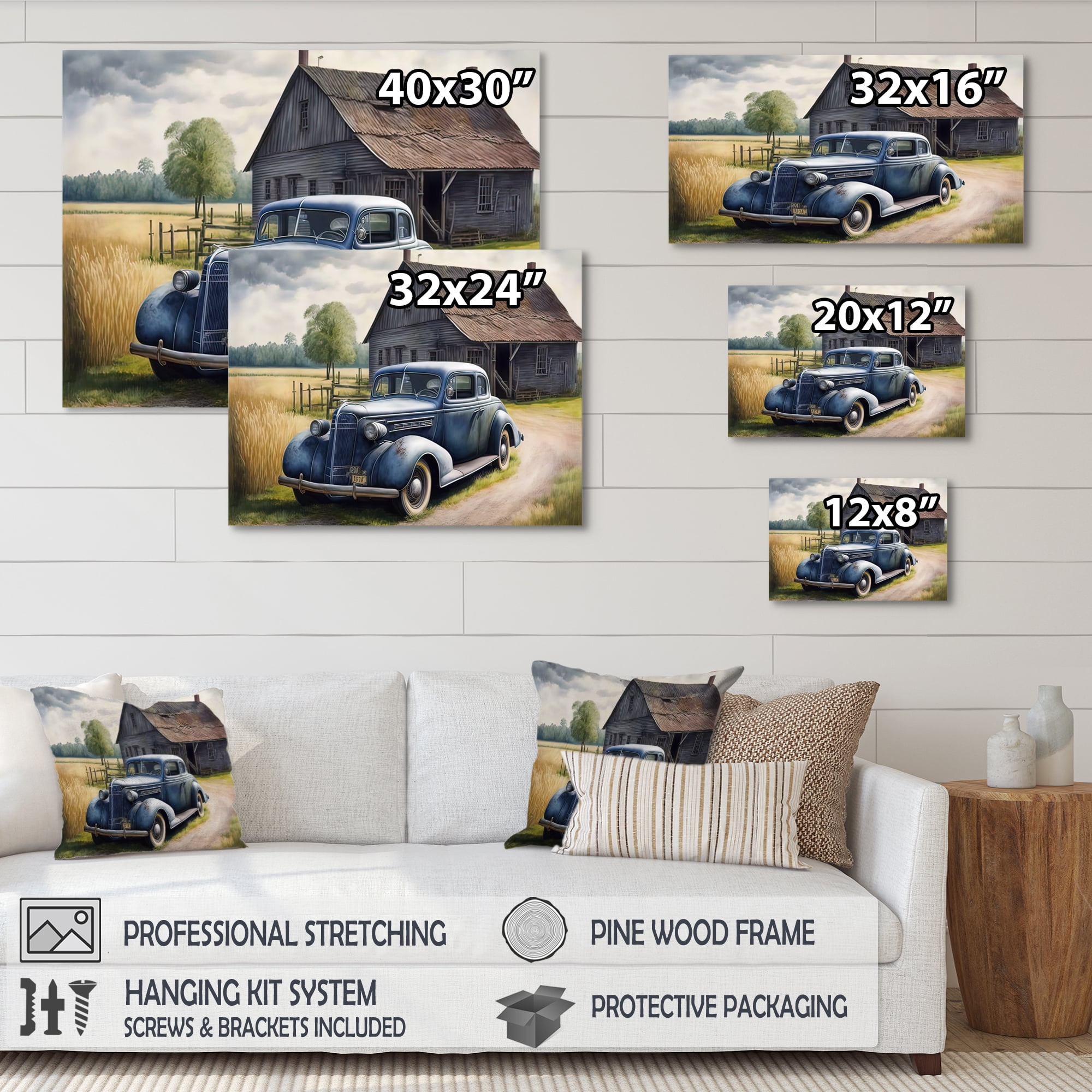 Designart Old Blue Car At The Barn Canvas Wall Art
