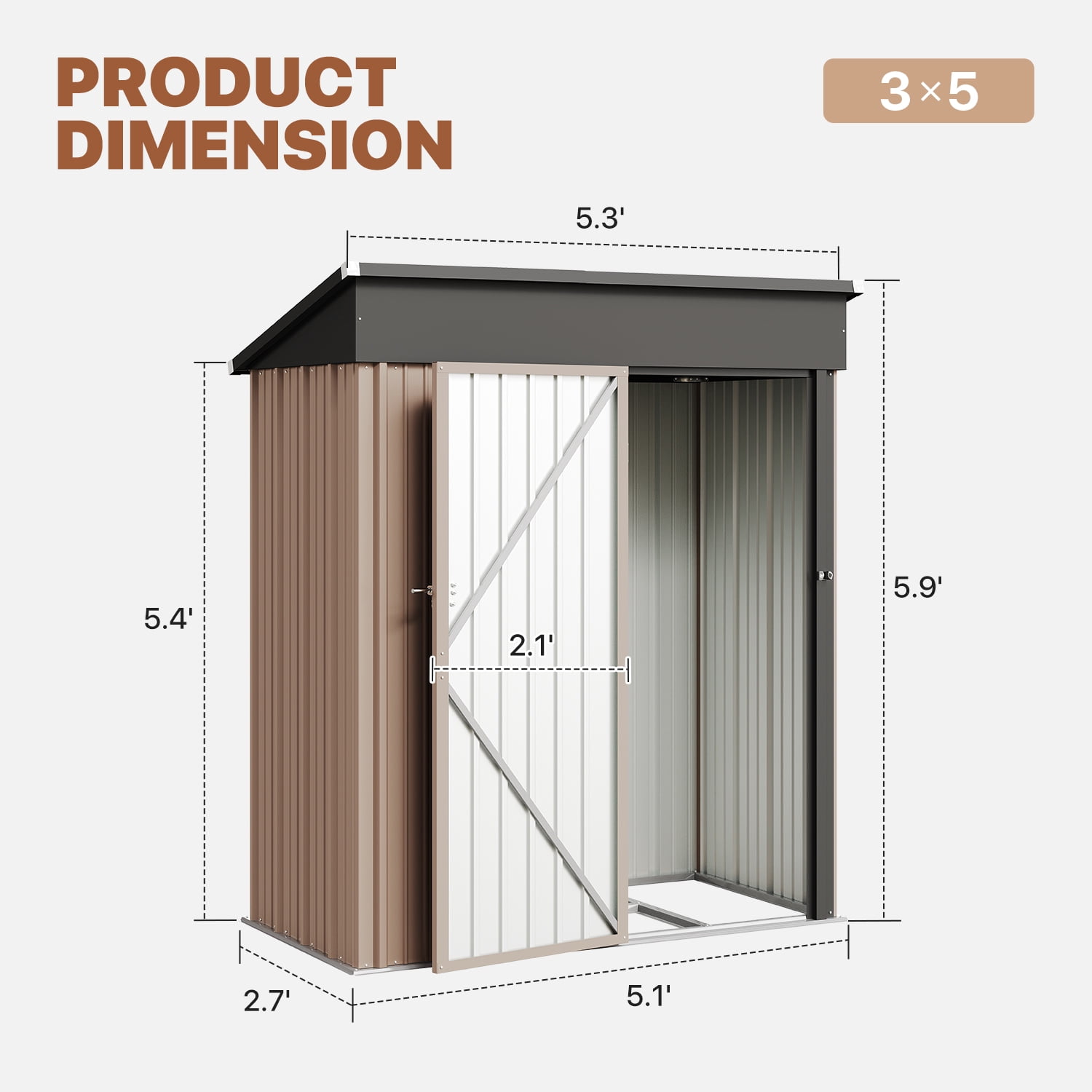 Bapipro 5'x 3' Outdoor Storage Shed, Metal Tool Shed with Lockable Door for Backyard, Garden & Patio, Brown