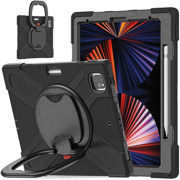 Color Matching Case For Ipad Pro 12.9 Inch 2021 With Shoulder Strap, Big Adjustable Ring Stand, Pen Holder, Shock Protection Cover