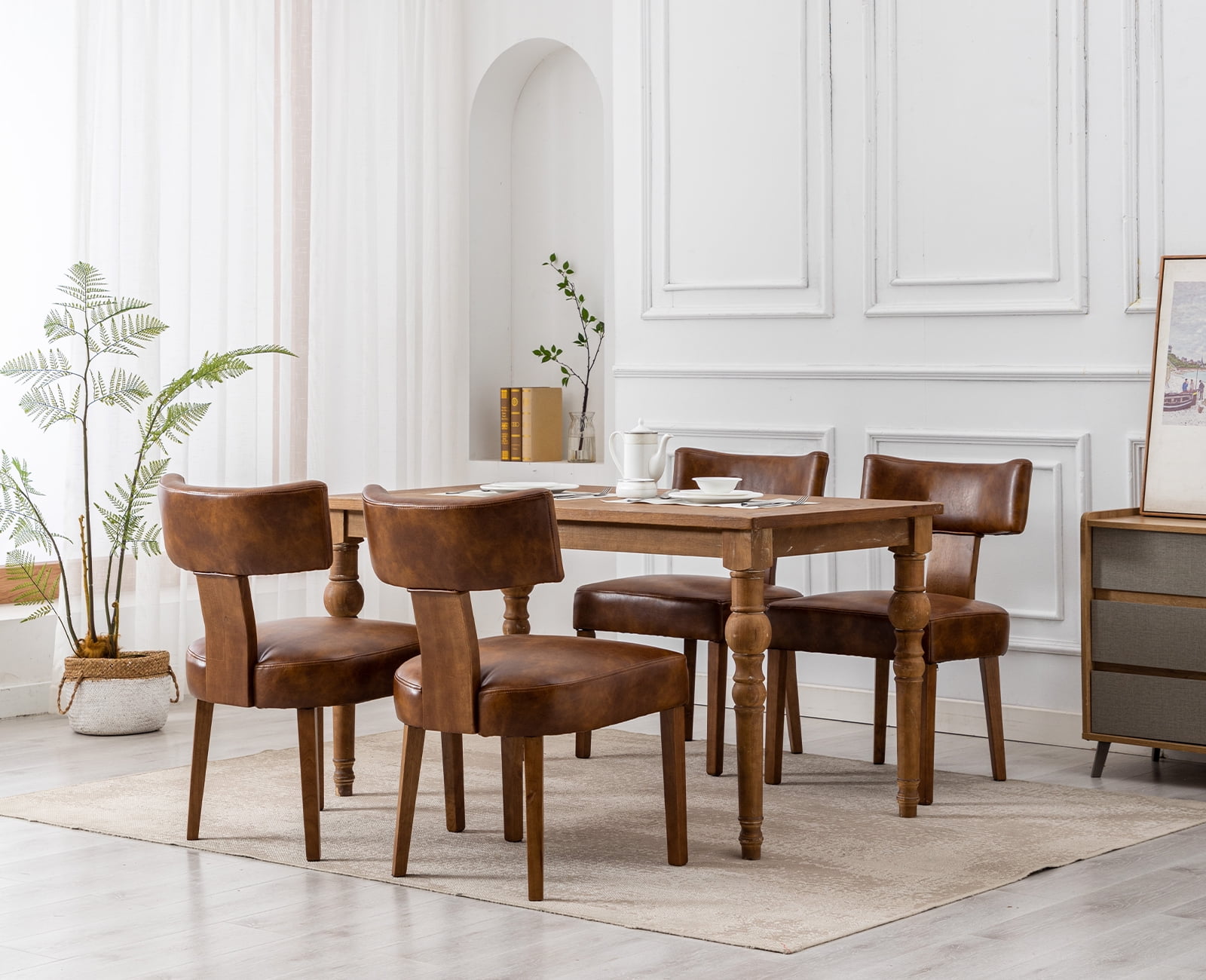 Guyou Dining Chairs Set of 6, Mid-Century Modern PU Upholstered Kitchen Chairs with Curved Backrest, Wooden Side Chairs for Dining Kitchen Living Room Bedroom, Brown
