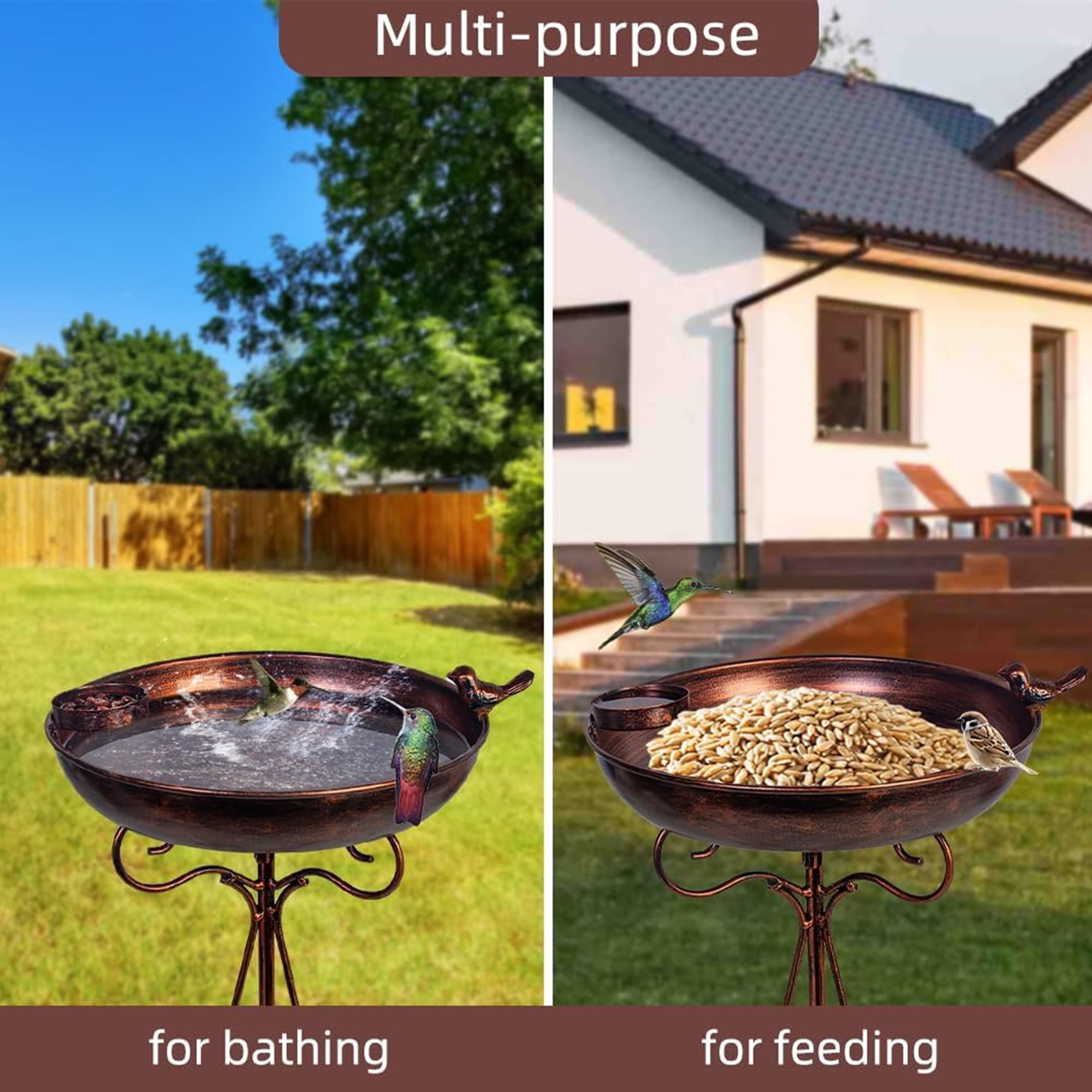 Bird Bath with Metal Pedestal, Dia Antique Copper Outdoor Birdbath with Bird Feeder for Garden Outside Patio Yard Decor