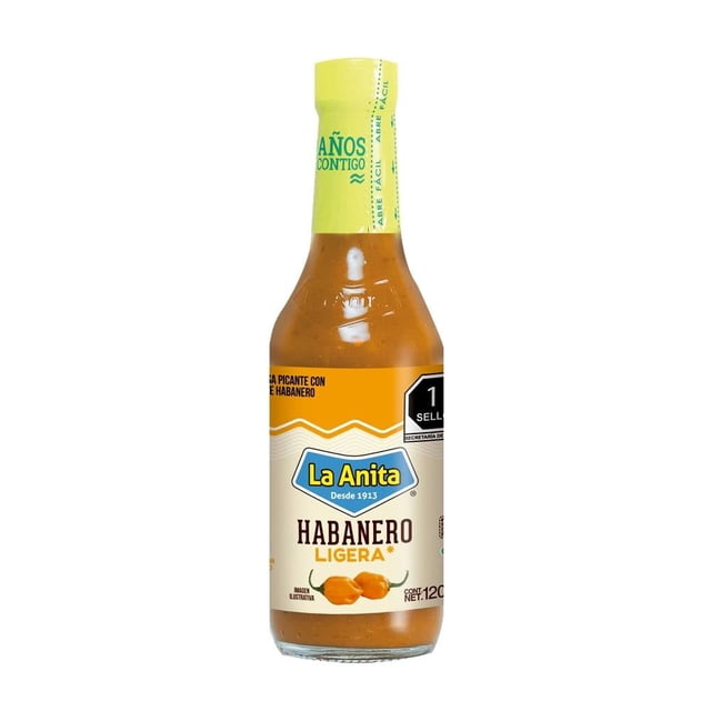 salsa picante de chile habanero la anita de chile habanero ligera 120 ml botella frontal con salsa naranja, etiqueta blanca y amarilla con logo La Anita y texto 'Habanero Ligera', tapa plástica amarilla; ideal para dar un toque picosito a tacos y botanas, también apta para adobos suaves.