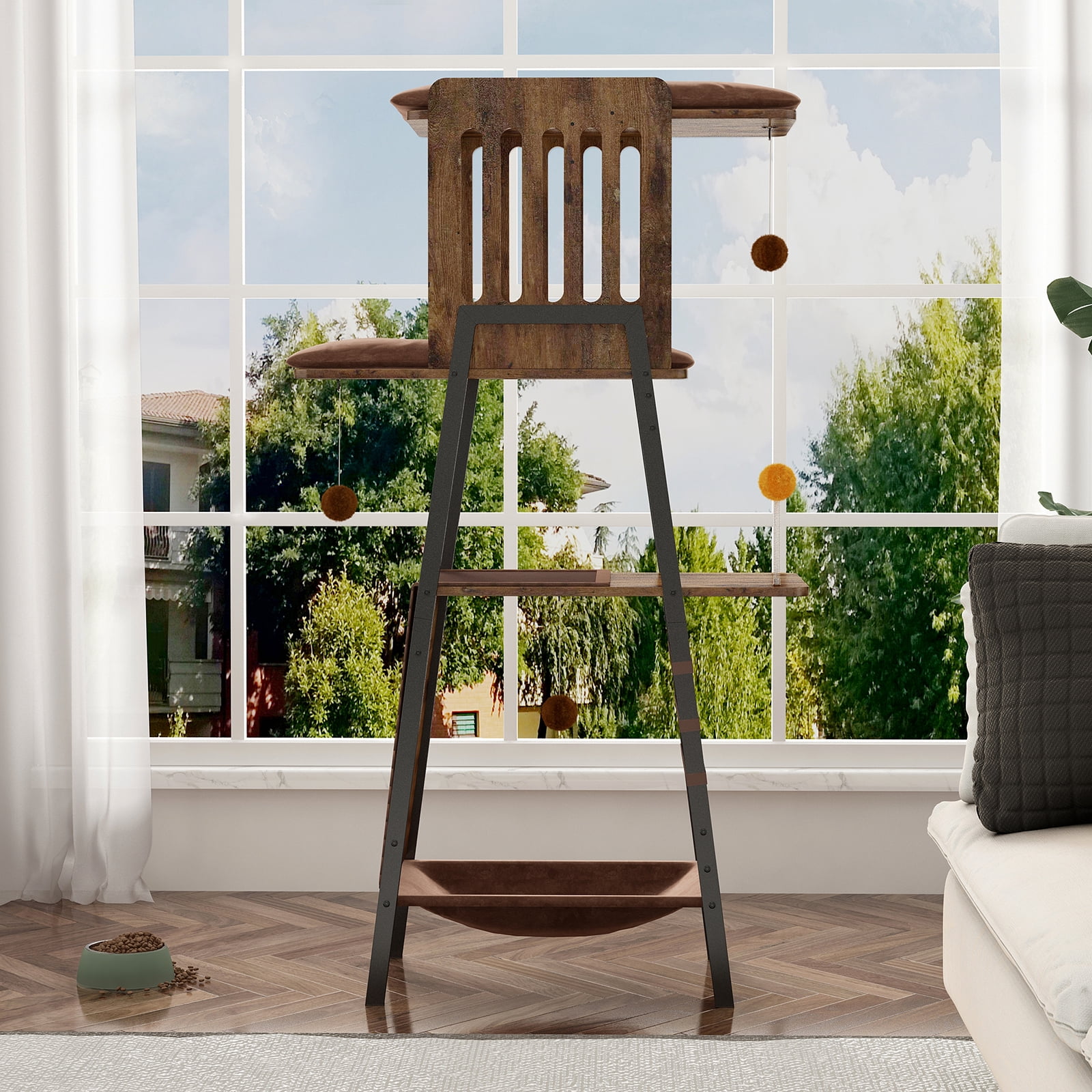 Modern Cat Tree, 58-Inch Cat Tower for Large Cats, Maine Coon Cat Tree with Scratching Board, Large Perch, Hammock and Removable Pads, Rustic Brown