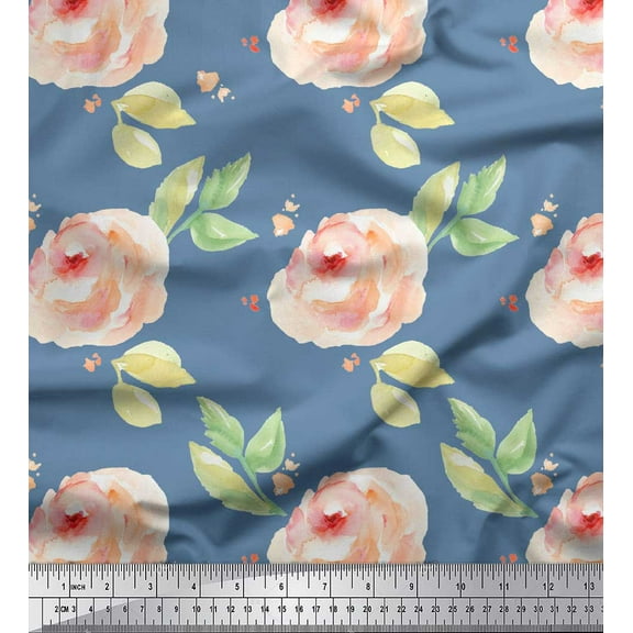 Soimoi Blue Cotton Duck Fabric Flower & Leaves Watercolor Printed Craft Fabric by the Yard 42 Inch Wide
