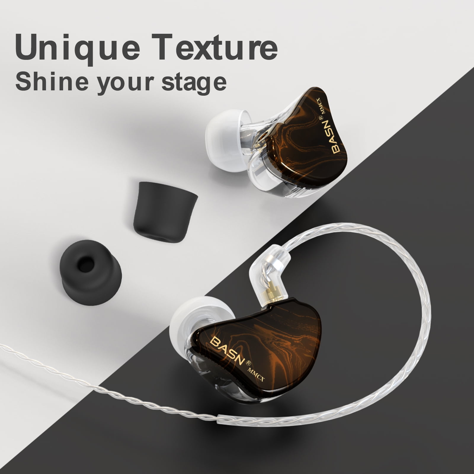 BASN MMCX Triple Driver in-Ear Monitors with Rich Bass, HiFi Stereo IEM Earphones with Upgraded Detachable Cables for Audiophiles Musicians (Golden-Black)