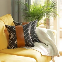 Boho Set of 2 Handcrafted Decorative Throw Pillow Cover Vegan Faux Leather Geometric 17" x 17" Brown & Ivory Square for Couch, Bedding