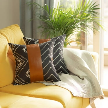 Boho Set of 2 Handcrafted Decorative Throw Pillow Cover Vegan Faux Leather Geometric 17" x 17" Brown & Ivory Square for Couch, Bedding
