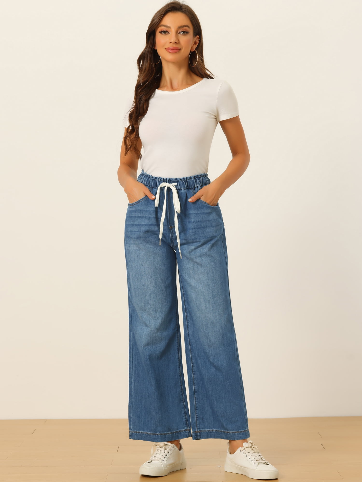 DARING DIVA Women's Trendy Elastic Waist Wide Legs Drawstring Jeans XL Blue