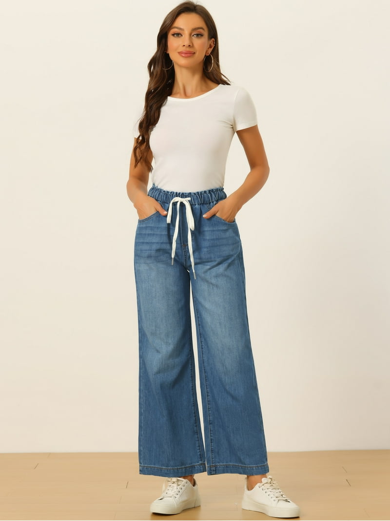 Unique Bargains Women's Casual Denim Pants Drawstring