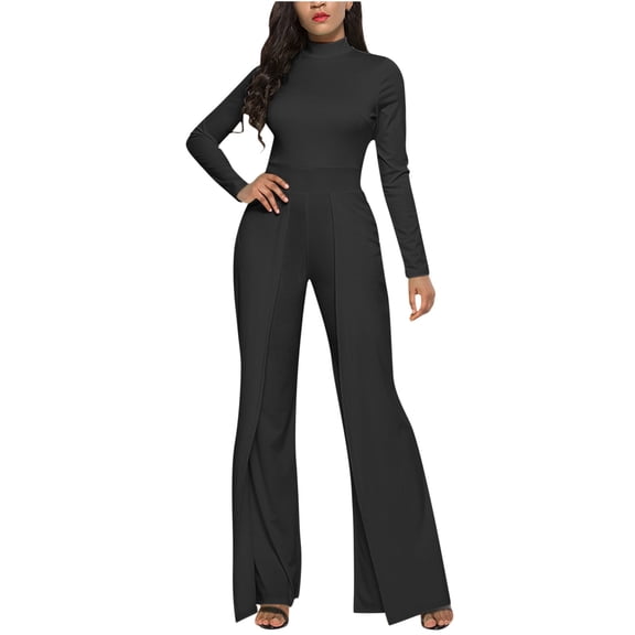 Staron Women's Jumpsuits Wide Leg Pants Long Sleeve Solid Color Casual Fashion Loose Party Vacation Elegant Floor-Length Jumpsuit, Black L