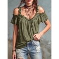 thumbnail image 3 of Women Cold Shoulder Ruffle Trim Top V Neck Short Sleeve Casual Blouse Green XXL, 3 of 6