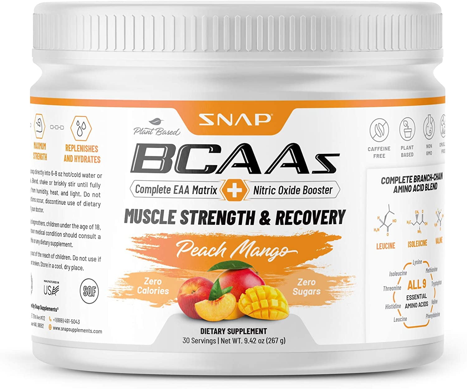 Snap Supplements BCAA Powder Mango Muscle Strength & Recovery, 30