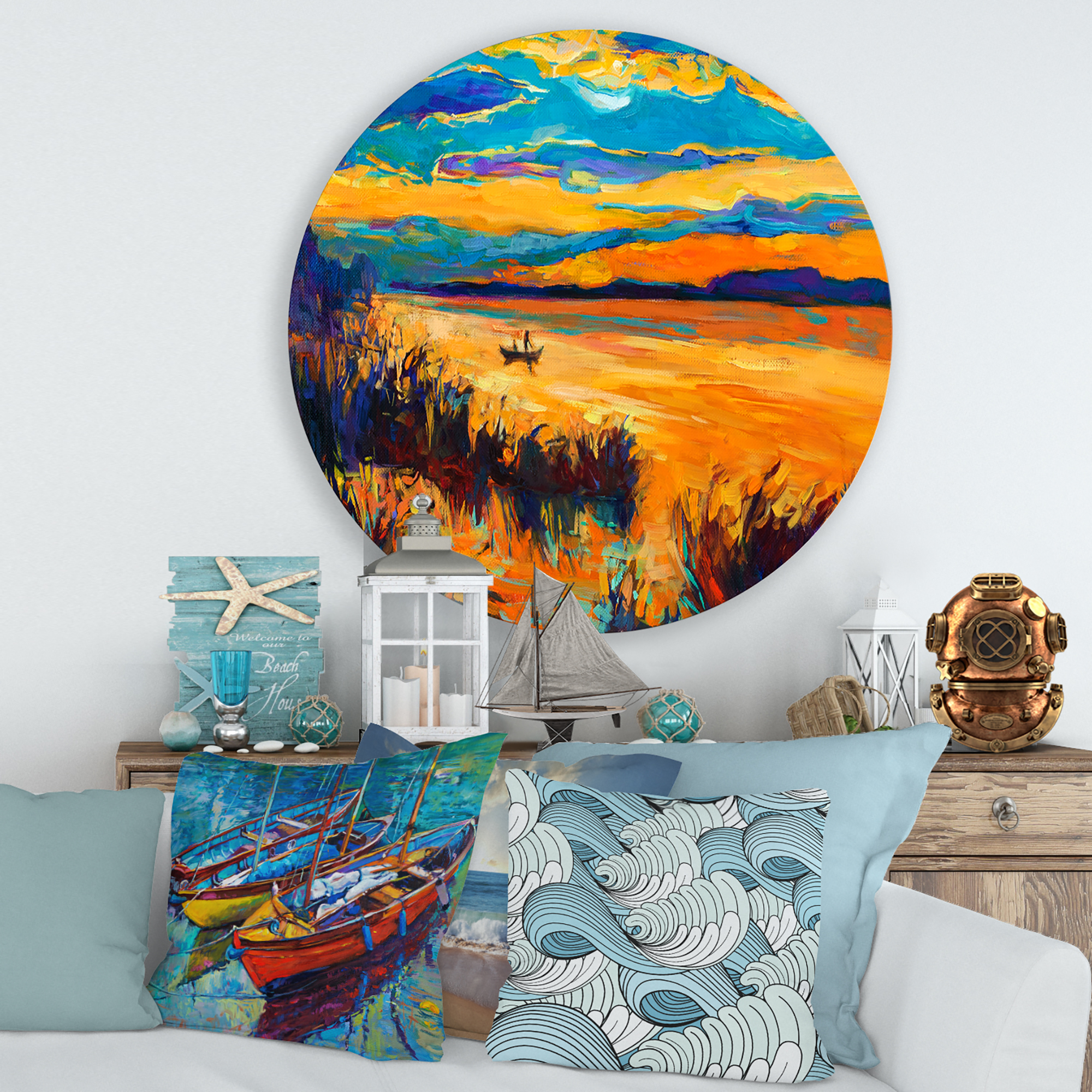 Designart 'Little Boat At The Horizon Of A Lake During Evening Glow' Nautical & Coastal Circle Metal Wall Art 29x29 - Disc of 29