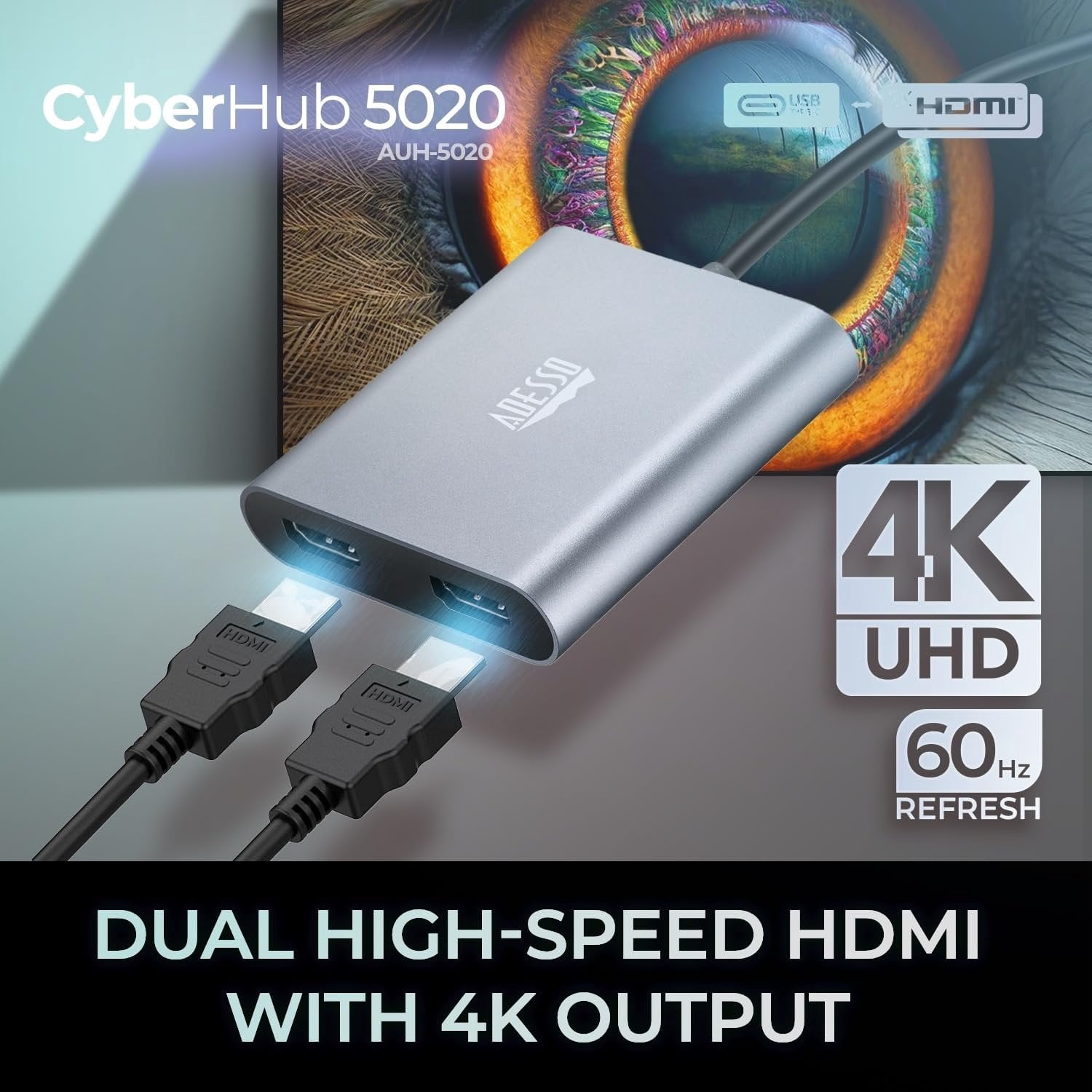 Adesso USB C to Dual HDMI Adapter, Compact and Portable USB C Adapter, Supports 4K60Hz and Dual 2K/1080P60Hz, for MacBook/Lenovo Yoga/Thinkpad, XPS, and More