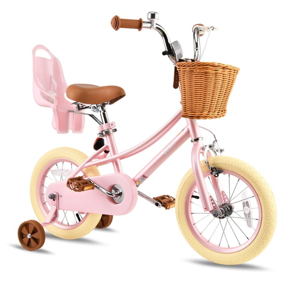 RULLY Kids Bike for Girls, 14 Inch Princess Girls Bicycle with Doll Bike Seat, Pink