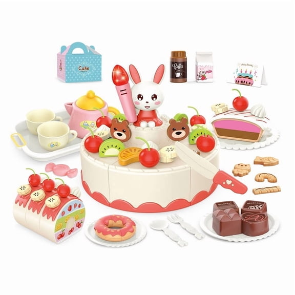 Tea Party Set for Little Girls - 85pcs Birthday Cake Toy with Lights & Sounds, Pretend Play Cutting Food Toys & Dessert Accessories