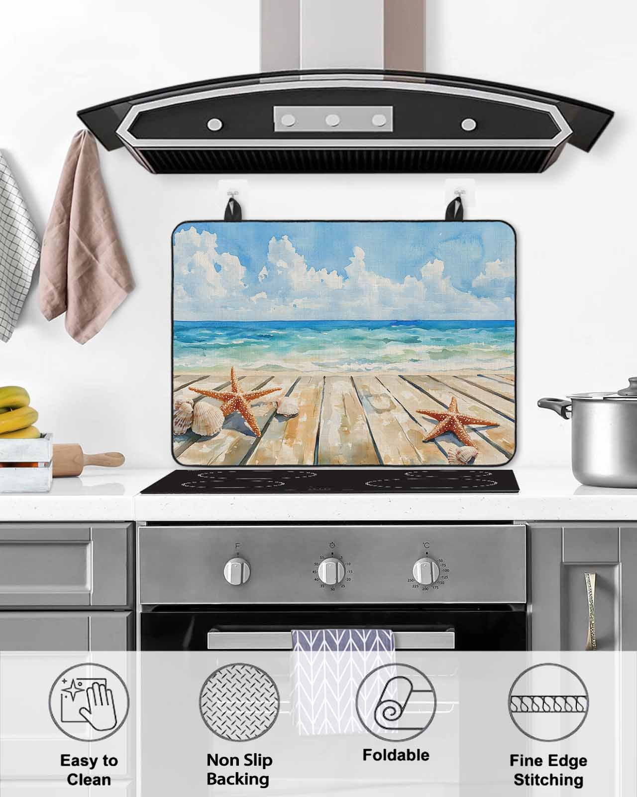 nqOlkjepod Large Induction Cooktop Protector Mat 24"x21", Summer Beach Stove Top Covers for Electric Stove, Coastal Starfish Seashells Ocean Blue Sky Stove Burner Cover Mats, Glass Top Stove Cover