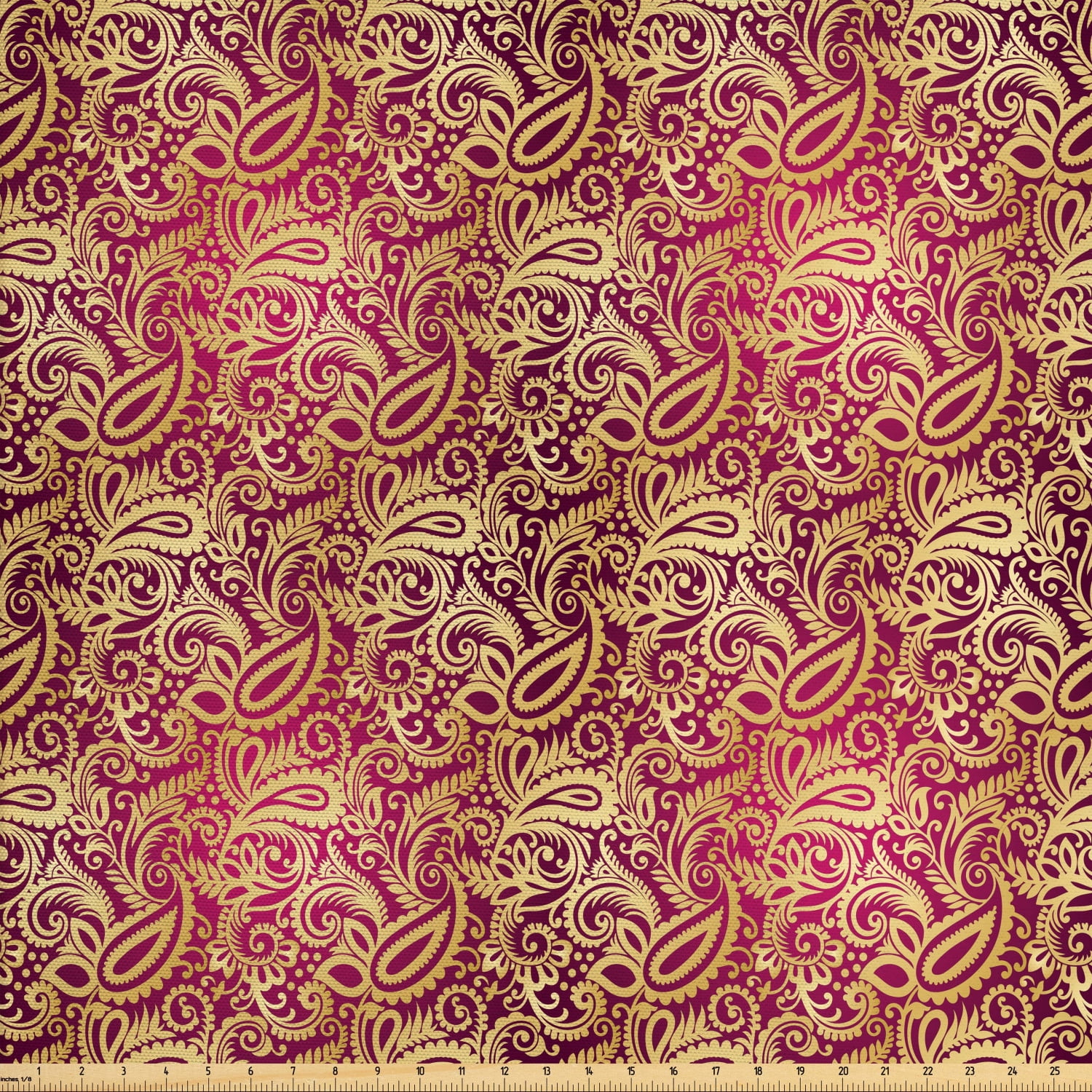 Yellow Damask Fabric by The Yard, Eastern Oriental Style HandDrawn