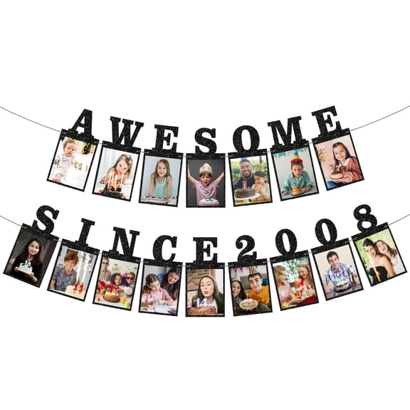 Pre-strung Awesome Since 2008 Photo Banner Birthday Decorations for Girls Boys- Black Glitter Sweet 18th Birthday and Anniversary Decorations Party Supplies