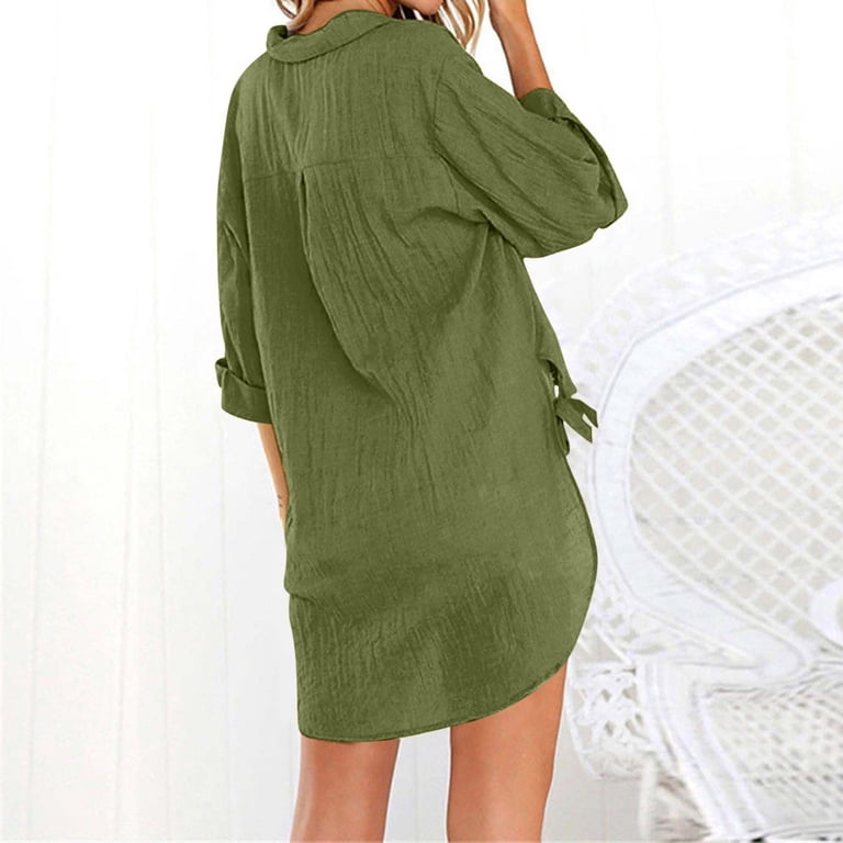 green dress tops womens Tklpehg Womens Tops Dressy Casual Loose Casual 3/4 Sleeve T Shirts Summer Solid Color Going Out Tops Button Lapel Shirts Lightweight Blouses(Green,XXL