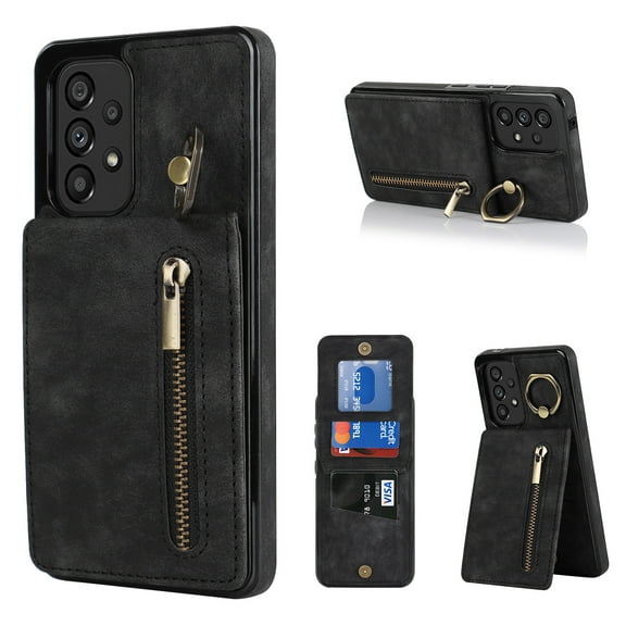 Nalacover for Samsung A33 5G, Wallet with RFID Credit Card Holder and Zipper Pocket,Drop Protection Flip Cover Ring Holder Kickstand with Double Magnetic Clasp for Samsung Galaxy A33 5G, Black