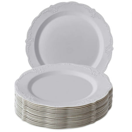 DISPOSABLE DINNERWARE PLATES | Premium Reusable Plastic Dishes | 20 Dinner Plates |Vintage - Grey |