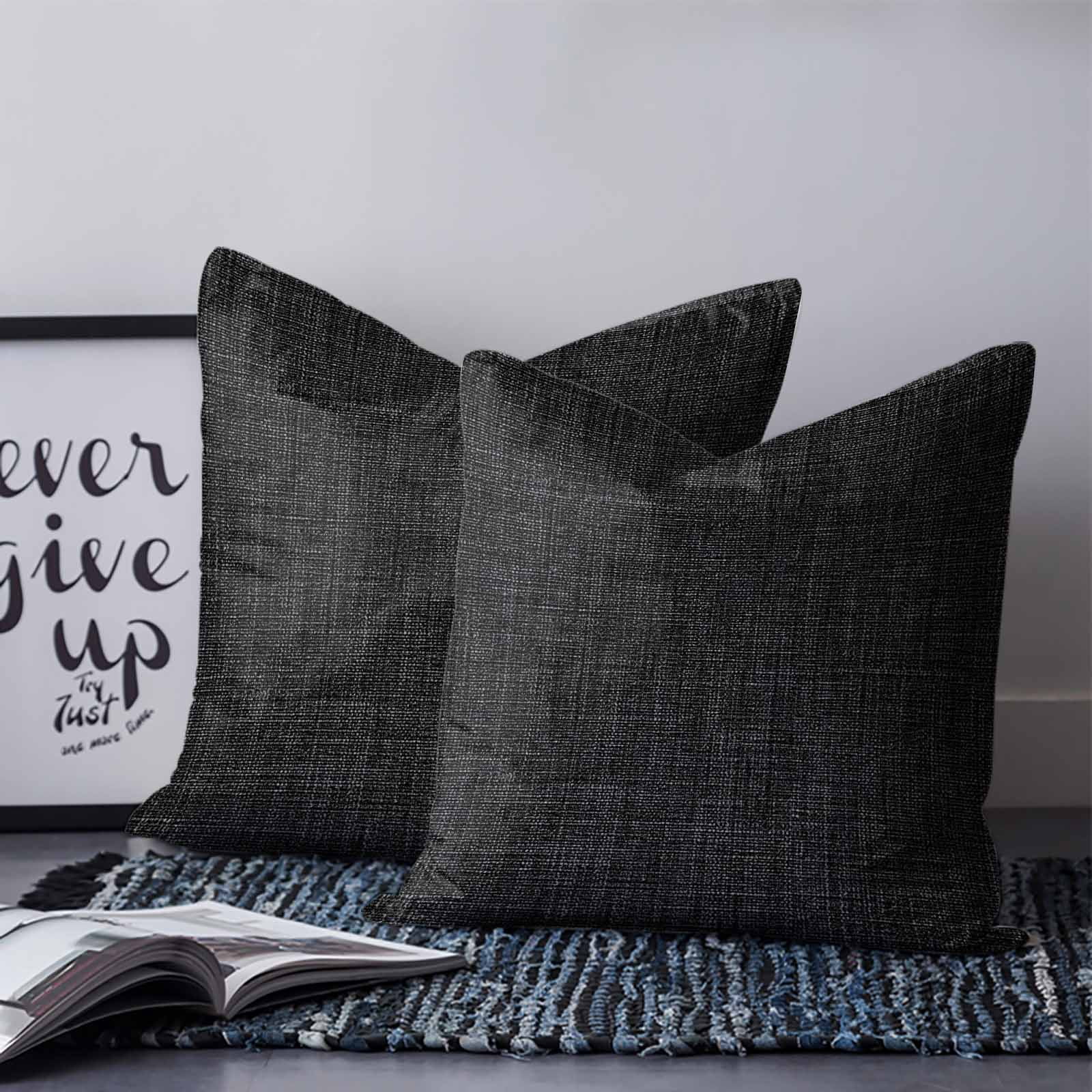 Black 14x14 Pillow Covers Set of 2, Farmhouse Burlap Solid Black Color Modern Linen Texture Throw Pillow Covers Decorative Couch Cushion Case, Microfiber Square Pillowcases for Bedroom Living Room