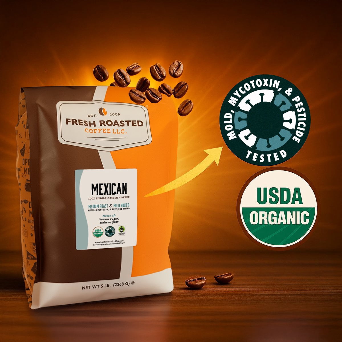 3 pack Fresh Roasted Coffee, Organic Mexican Coffee, Medium Roast, Whole Bean, 12 oz