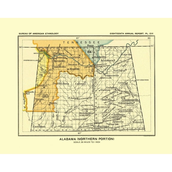 Historic State Map - Alabama Northern - Hoen 1896 - Vintage Wall Art
