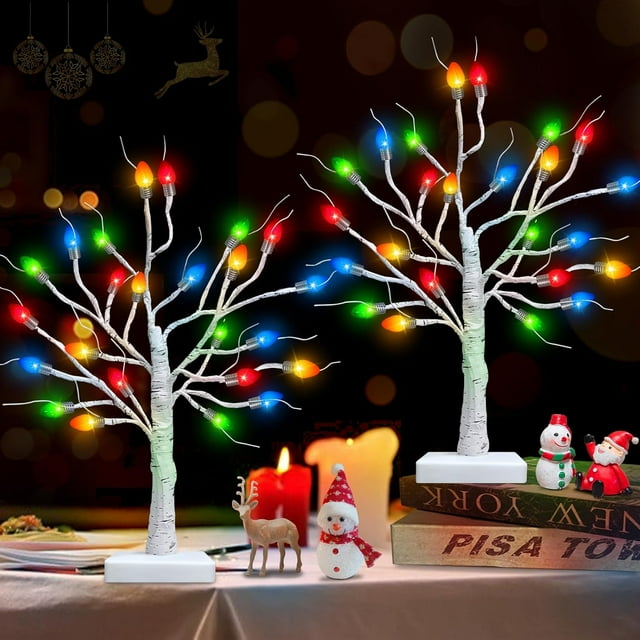 Artificial Tree, 2 Pack Lighted Birches Tabletop Christmas Tree with 48 Multicolor Lights, Battery Operated, Adjustable Branches, Xmas Decorations for Home Indoor, 18 inch
