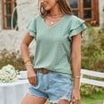 thumbnail image 4 of Women's V Neck T Shirt Summer Hollow Casual Ruffle Sleeve Tops Blouse Loose Fit Solid Color Tunic Tee Tops Basic Tshirts, 4 of 7