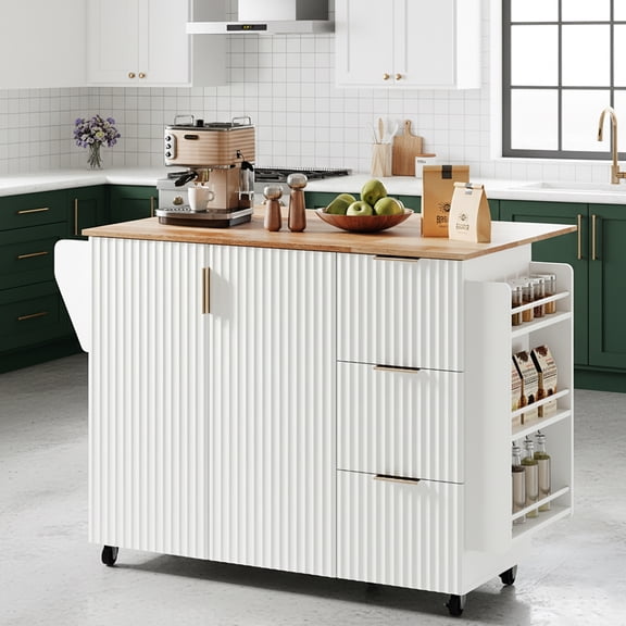 Ktaxon Modern Kitchen Island Cart, 44.7" Rolling Island Table with Drop Leaf & Extra Storage, Multifuctional Kitchen Cart for Food Prep, White