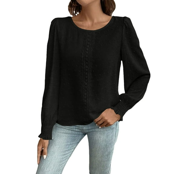 VISALY Womens Long Sleeve Shirts Crewneck Pullover Tops Swiss Dot Dressy Casual Blouses Lace Trendy Fashion Tops Comfy Basic Tees Shirts Plain Tshirts Business Casual Spring Tops Fall Outfits Black L