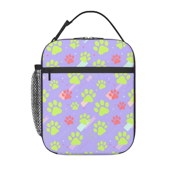 Dog Paw Insulated Lunch Bag, Purple Patterned Reusable Lunch Box, Thermal Meal Prep Bag For Office Work Travel, Colorful Cooler Tote