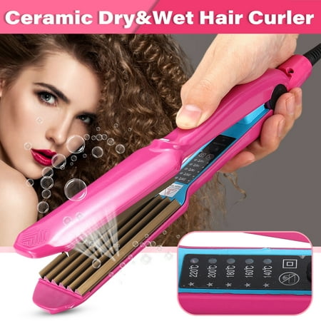 Professional Hair Crimper Curlers Wand Ceramic Titanium Flat Iron Dry&Wet Use Anion Wave Machine Salon, with 5-Speed Temperature