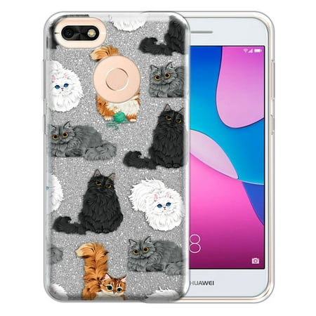 FINCIBO Silver Glitter Case, Sparkle Bling TPU Cover for Huawei P9 Lite Mini 5", Fluffy Haired Cats