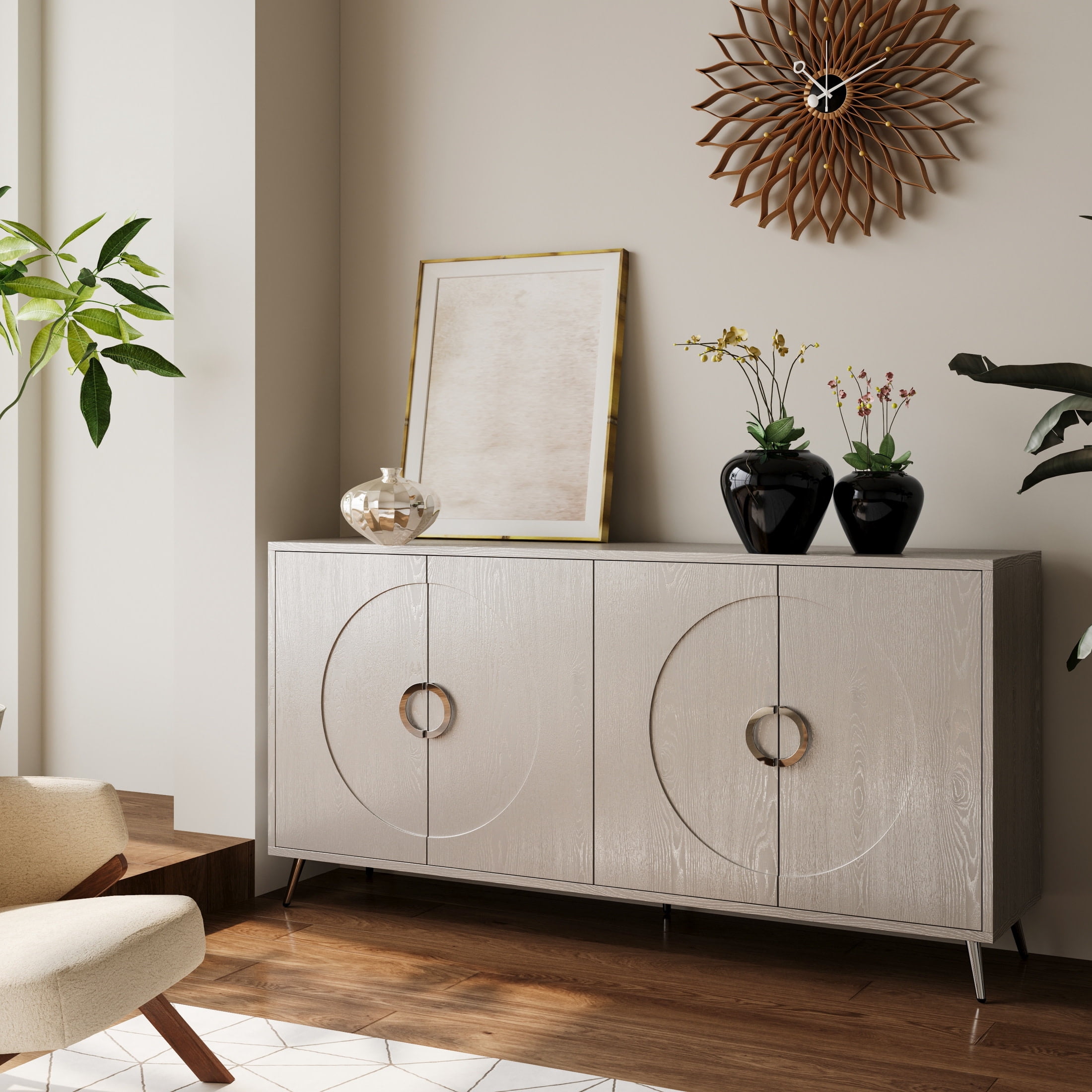 Noble House 59.8" Modern Lacquered Sideboard, Buffet Storage Cabinet with Adjustable Shelves, Champagne Silver