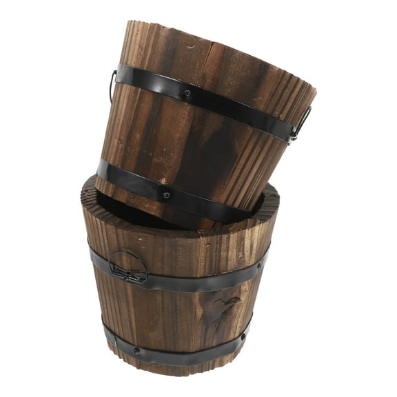 MIPCASE Set of 2 Vintage Style Coffee Plastic Wooden Flower Pots, Decorative for Garden, Balcony, Patio, and Outdoor Use
