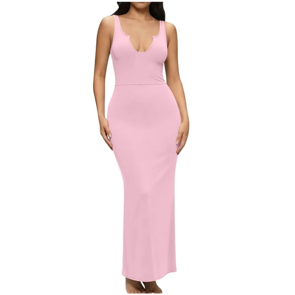jtjvou Women's Bodycon Tank Dress Basic Sleeveless Long Maxi Dresses Party Club Beach Sundresses Slimming Dress Pink L