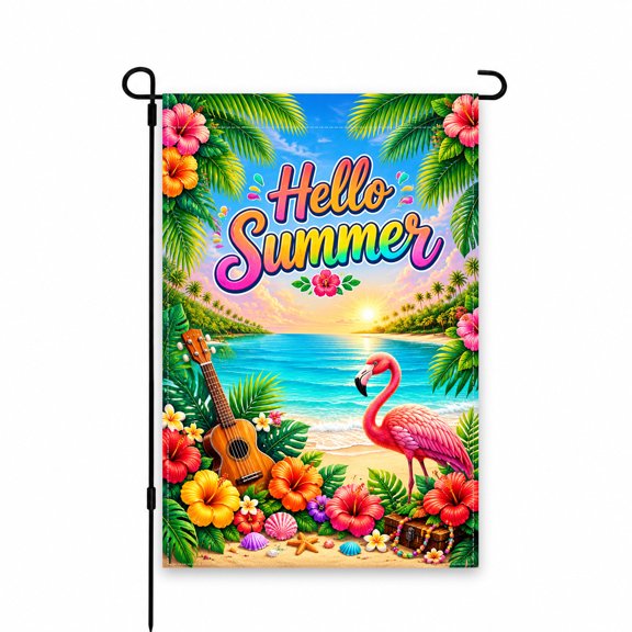 Hello Summer Garden Flag 12 x 18 Inch Tropical Flamingo Beach Theme with Colorful Flowers and Shells, Outdoor Decor for Yard, Lawn, Patio, or Porch