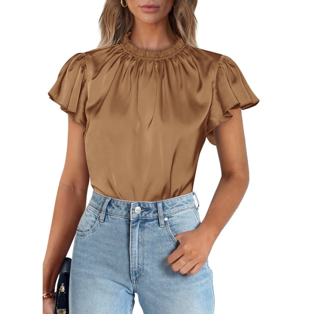 Blusa de Mujer PRETTYGARDEN Satín con Volantes Manga Corta XL