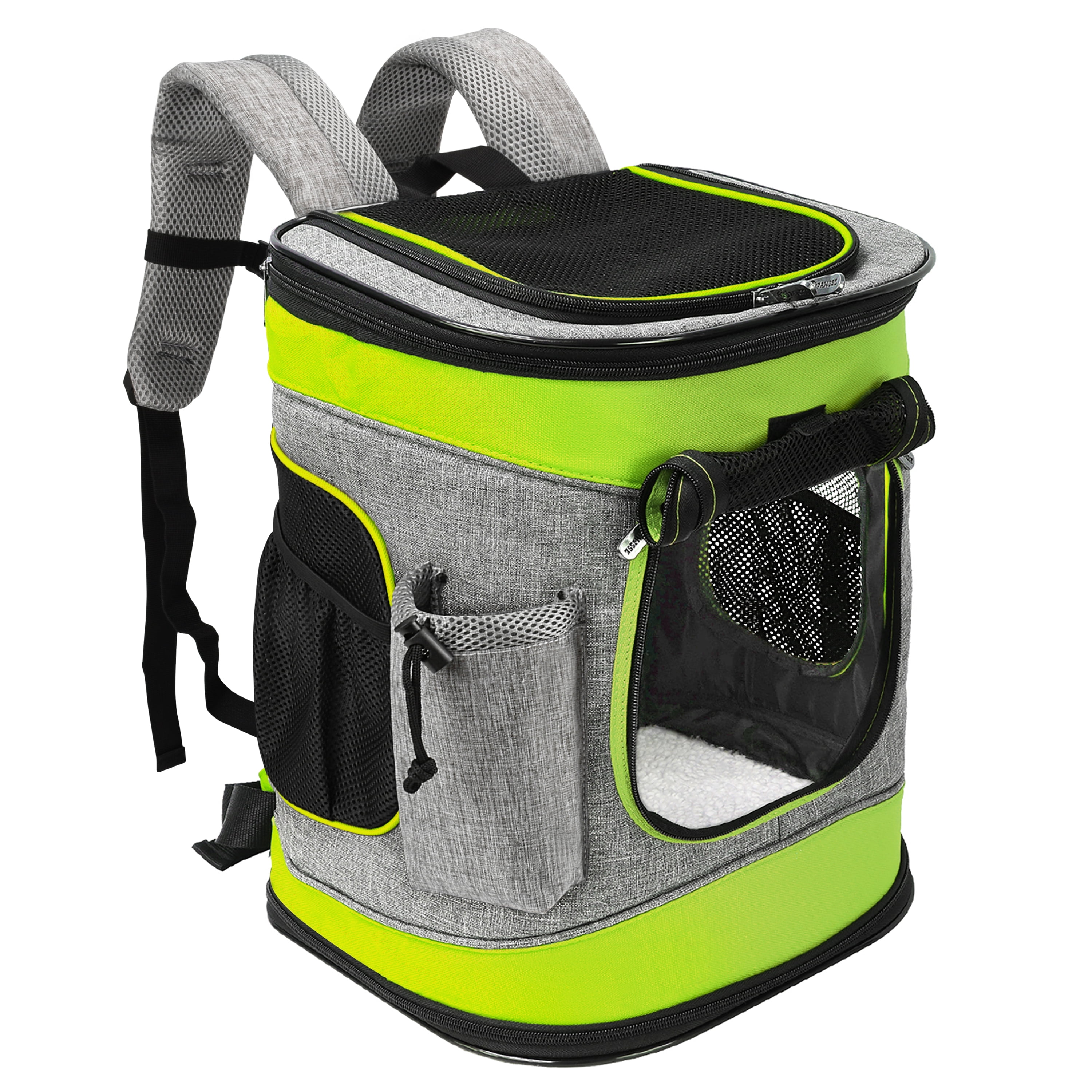 Kato Large Breathable Mesh Net Pet Carrier Backpack with Sherpa Bed, Green, 18 lb Limit