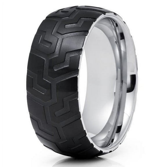 8mm- Black Tungsten Wedding Band - Tire Ring - Tire Design Ring - Tungsten