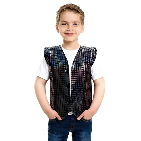 DHFJKG Dress Up Sequains Boys Girls Vest Carnival Themed Square Sequin Glitter Waistcoat Stage Performance Party Wear Jazz Dance Versatile Tops