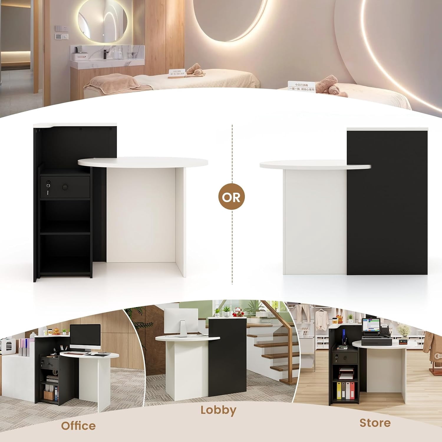 Reception Desk, Small Retail Checkout Counter with Lockable Drawer and Open Shelves, Wooden Front Desk Reception Counter, Oval Desktop & L Counter for Store Office Lobby Salon (White & Black)