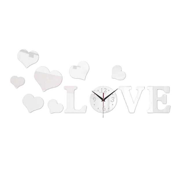 Pegatina de reloj de pared con forma de corazón de amor, acabado de espejo práctico y elegante. Plata